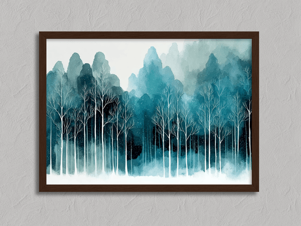 Framed wall art of stylised trees and soft hills. A calm, geometric composition for minimalist interiors. Ready to hang