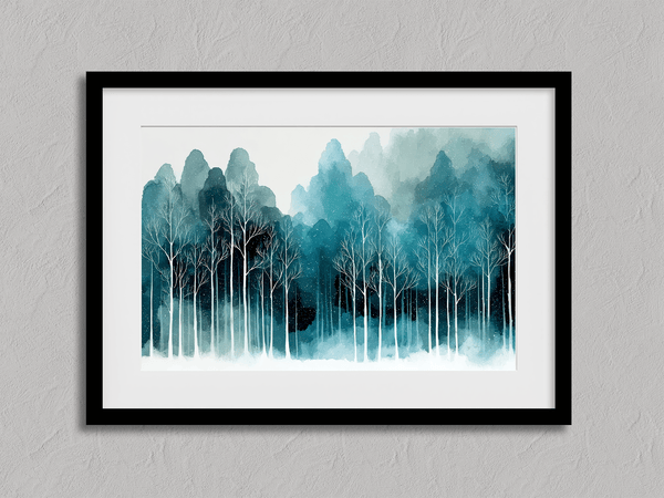 Framed wall art of stylised trees and soft hills. A calm, geometric composition for minimalist interiors. Ready to hang