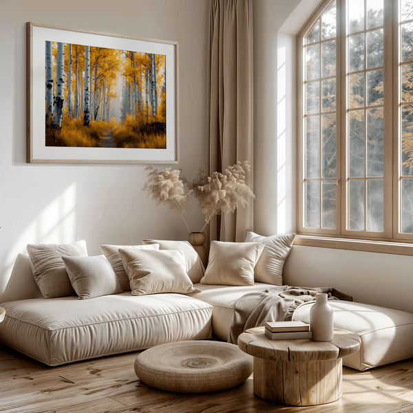 Framed wall art of silver birch trees glowing in golden light. A minimalist woodland print that brings calm and balance.