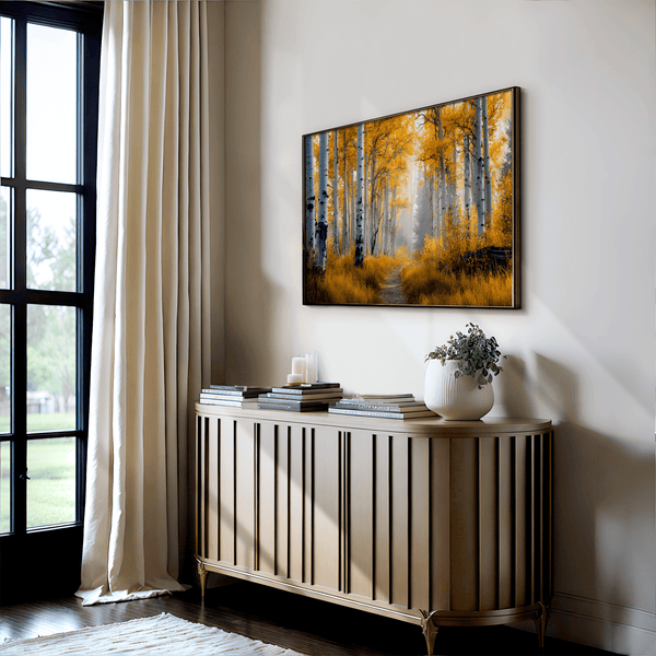 Framed wall art of silver birch trees glowing in golden light. A minimalist woodland print that brings calm and balance.