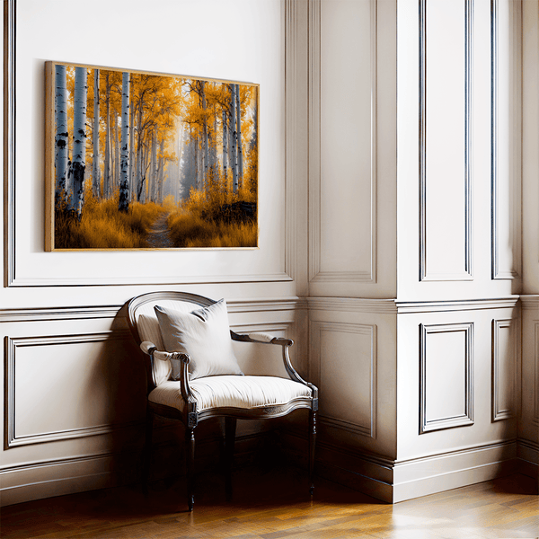 Framed wall art of silver birch trees glowing in golden light. A minimalist woodland print that brings calm and balance.