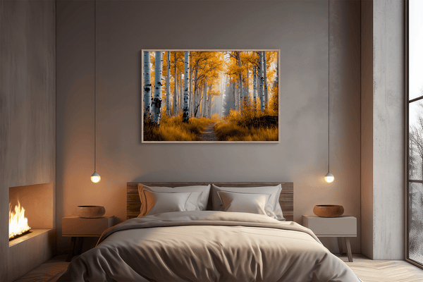 Framed wall art of silver birch trees glowing in golden light. A minimalist woodland print that brings calm and balance.