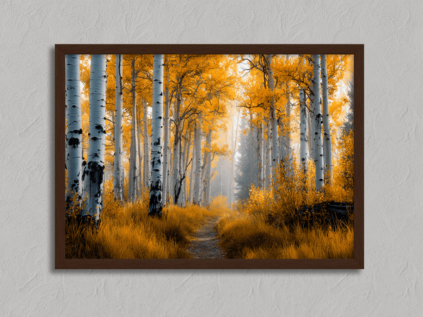 Framed wall art of silver birch trees glowing in golden light. A minimalist woodland print that brings calm and balance.