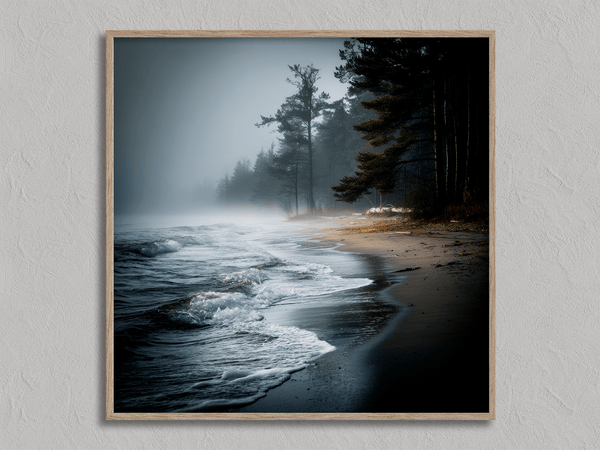 Bring serenity home with Solitary Shore, a fine art print of a misty sunrise beach scene with pines and gentle waves.
