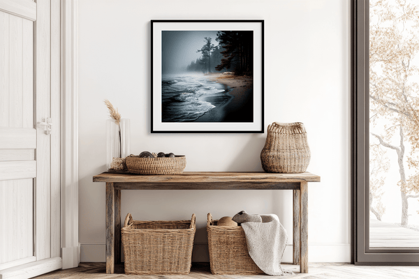 Bring serenity home with Solitary Shore, a fine art print of a misty sunrise beach scene with pines and gentle waves.