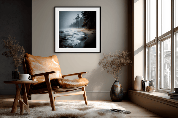 Bring serenity home with Solitary Shore, a fine art print of a misty sunrise beach scene with pines and gentle waves.