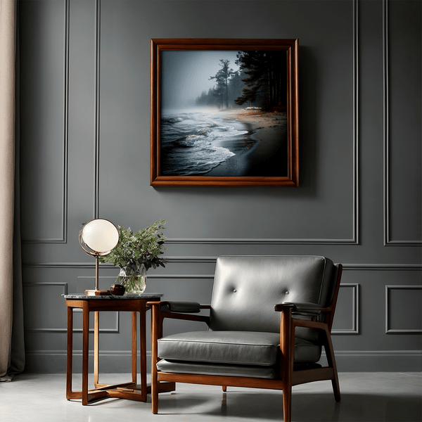 Bring serenity home with Solitary Shore, a fine art print of a misty sunrise beach scene with pines and gentle waves.