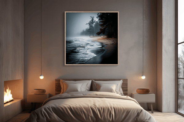 Bring serenity home with Solitary Shore, a fine art print of a misty sunrise beach scene with pines and gentle waves.