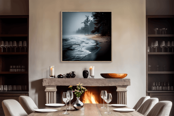 Bring serenity home with Solitary Shore, a fine art print of a misty sunrise beach scene with pines and gentle waves.