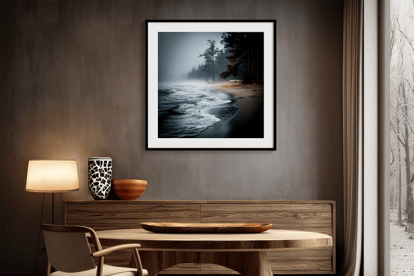 Bring serenity home with Solitary Shore, a fine art print of a misty sunrise beach scene with pines and gentle waves.