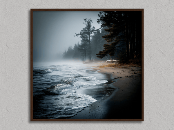 Bring serenity home with Solitary Shore, a fine art print of a misty sunrise beach scene with pines and gentle waves.