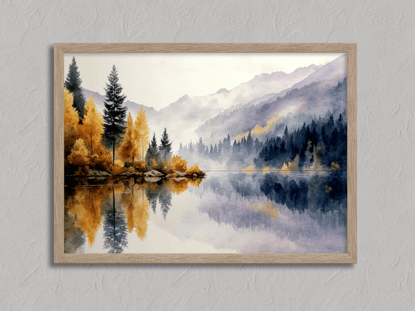 Framed wall art of a calm river reflecting golden trees and hills. An autumnal piece full of stillness and warmth. Ready to hang.