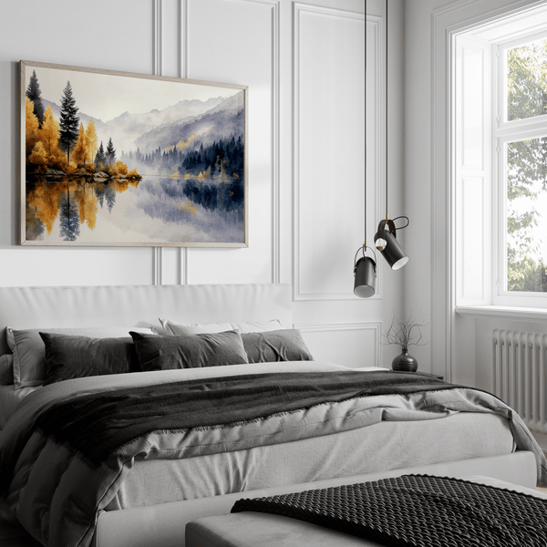 Framed wall art of a calm river reflecting golden trees and hills. An autumnal piece full of stillness and warmth. Ready to hang.