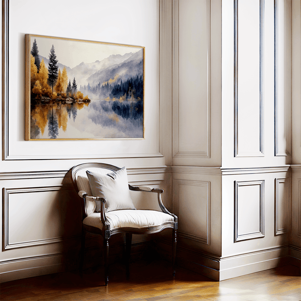 Framed wall art of a calm river reflecting golden trees and hills. An autumnal piece full of stillness and warmth. Ready to hang.