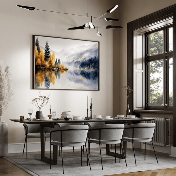 Framed wall art of a calm river reflecting golden trees and hills. An autumnal piece full of stillness and warmth. Ready to hang.