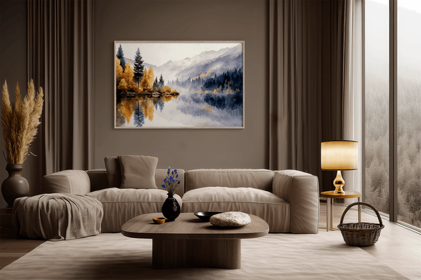 Framed wall art of a calm river reflecting golden trees and hills. An autumnal piece full of stillness and warmth. Ready to hang.
