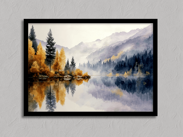 Framed wall art of a calm river reflecting golden trees and hills. An autumnal piece full of stillness and warmth. Ready to hang.
