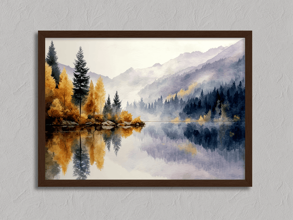 Framed wall art of a calm river reflecting golden trees and hills. An autumnal piece full of stillness and warmth. Ready to hang.