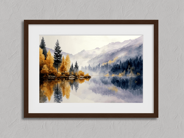 Framed wall art of a calm river reflecting golden trees and hills. An autumnal piece full of stillness and warmth. Ready to hang.