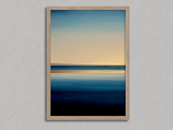 Framed wall art of a minimalist ocean horizon in pale blues and pastels. A serene abstract seascape print. Ready to hang.