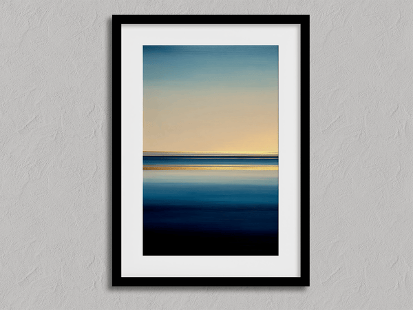 Framed wall art of a minimalist ocean horizon in pale blues and pastels. A serene abstract seascape print. Ready to hang.
