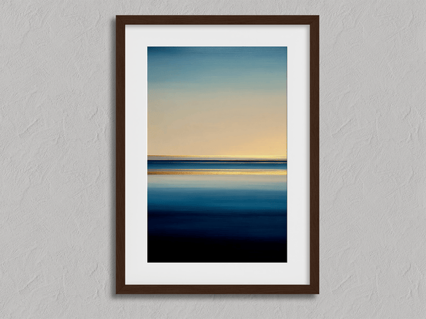 Framed wall art of a minimalist ocean horizon in pale blues and pastels. A serene abstract seascape print. Ready to hang.