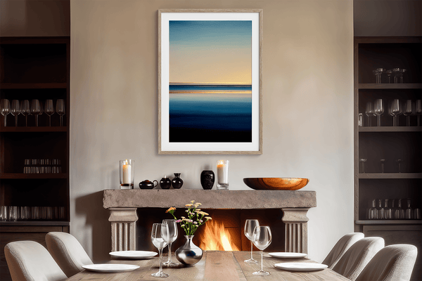 Framed wall art of a minimalist ocean horizon in pale blues and pastels. A serene abstract seascape print. Ready to hang.