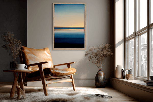 Framed wall art of a minimalist ocean horizon in pale blues and pastels. A serene abstract seascape print. Ready to hang.