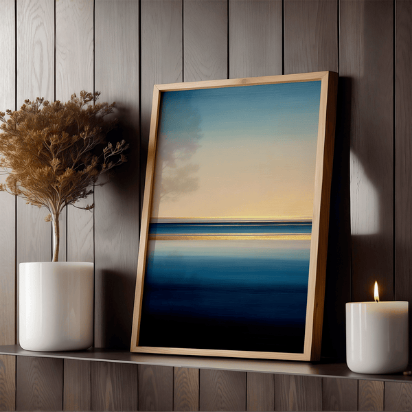 Framed wall art of a minimalist ocean horizon in pale blues and pastels. A serene abstract seascape print. Ready to hang.