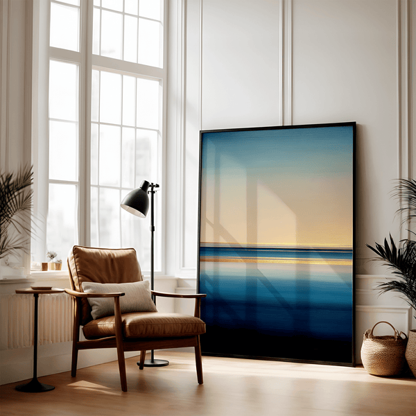 Framed wall art of a minimalist ocean horizon in pale blues and pastels. A serene abstract seascape print. Ready to hang.