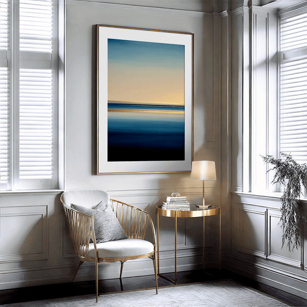 Framed wall art of a minimalist ocean horizon in pale blues and pastels. A serene abstract seascape print. Ready to hang.