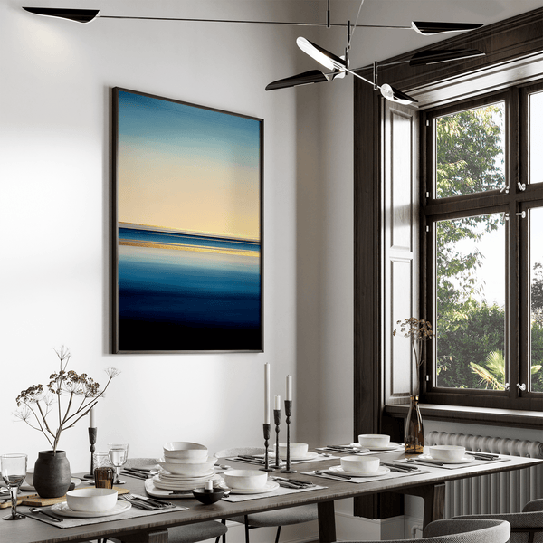 Framed wall art of a minimalist ocean horizon in pale blues and pastels. A serene abstract seascape print. Ready to hang.