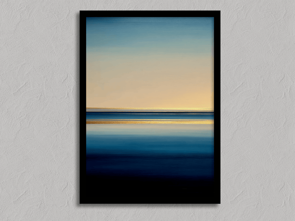 Framed wall art of a minimalist ocean horizon in pale blues and pastels. A serene abstract seascape print. Ready to hang.