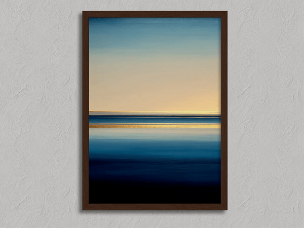 Framed wall art of a minimalist ocean horizon in pale blues and pastels. A serene abstract seascape print. Ready to hang.