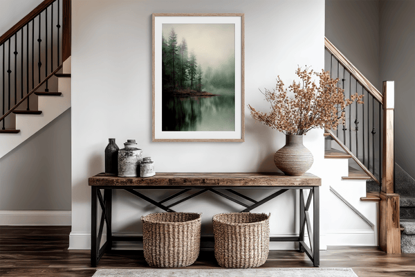 Framed fine art print of misty pine reflections on still water. A tranquil woodland lake scene, printed on archival paper and ready to hang.