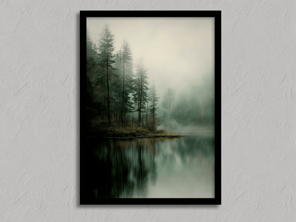 Framed fine art print of misty pine reflections on still water. A tranquil woodland lake scene, printed on archival paper and ready to hang.