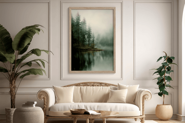 Framed fine art print of misty pine reflections on still water. A tranquil woodland lake scene, printed on archival paper and ready to hang.