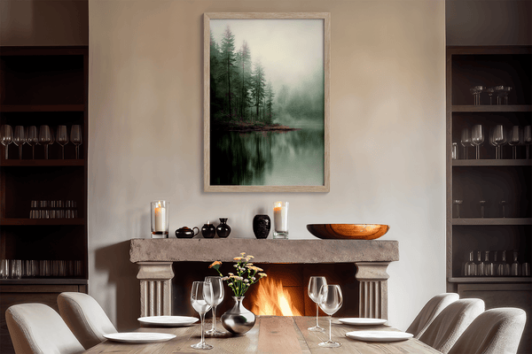 Framed fine art print of misty pine reflections on still water. A tranquil woodland lake scene, printed on archival paper and ready to hang.