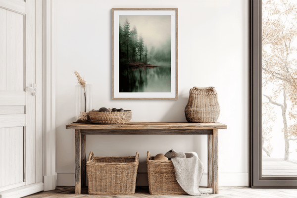 Framed fine art print of misty pine reflections on still water. A tranquil woodland lake scene, printed on archival paper and ready to hang.