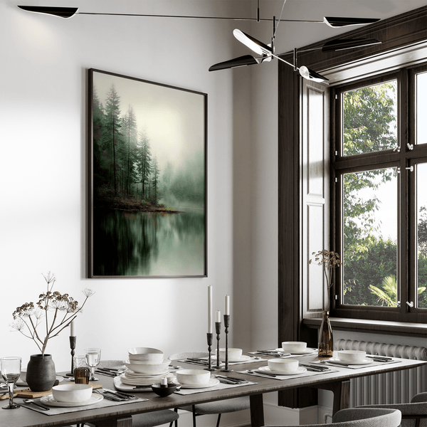 Framed fine art print of misty pine reflections on still water. A tranquil woodland lake scene, printed on archival paper and ready to hang.