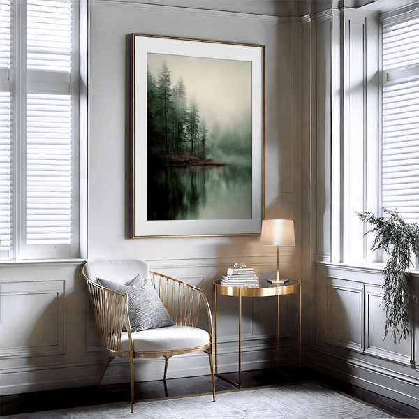 Framed fine art print of misty pine reflections on still water. A tranquil woodland lake scene, printed on archival paper and ready to hang.