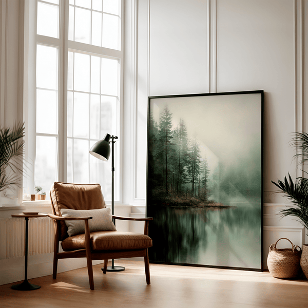 Framed fine art print of misty pine reflections on still water. A tranquil woodland lake scene, printed on archival paper and ready to hang.
