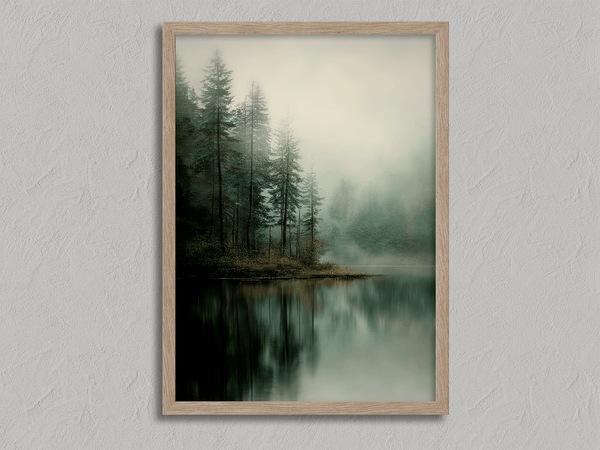 Framed fine art print of misty pine reflections on still water. A tranquil woodland lake scene, printed on archival paper and ready to hang.
