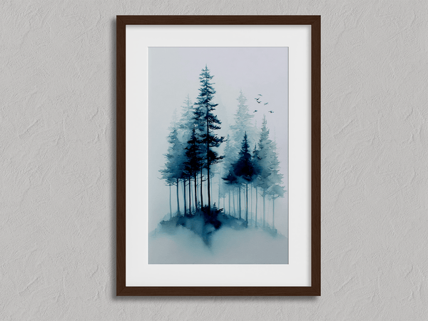 Framed watercolour pine forest art print in mist. A minimalist, tranquil artwork evoking calm and nature’s quiet resilience.