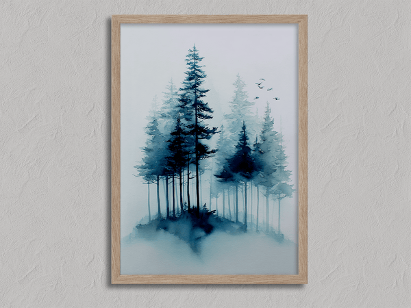 Framed watercolour pine forest art print in mist. A minimalist, tranquil artwork evoking calm and nature’s quiet resilience.
