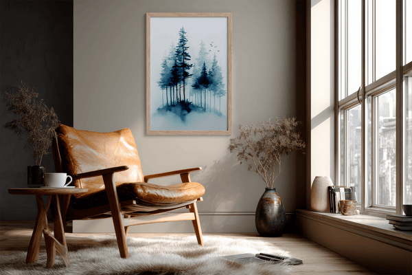 Framed watercolour pine forest art print in mist. A minimalist, tranquil artwork evoking calm and nature’s quiet resilience.