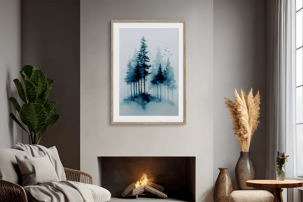 Framed watercolour pine forest art print in mist. A minimalist, tranquil artwork evoking calm and nature’s quiet resilience.