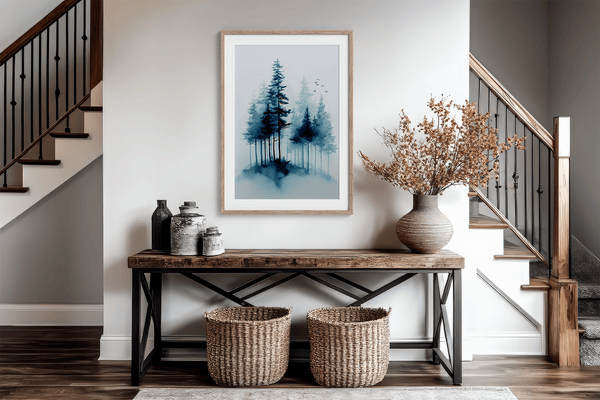 Framed watercolour pine forest art print in mist. A minimalist, tranquil artwork evoking calm and nature’s quiet resilience.