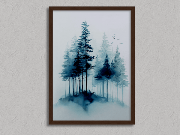 Framed watercolour pine forest art print in mist. A minimalist, tranquil artwork evoking calm and nature’s quiet resilience.