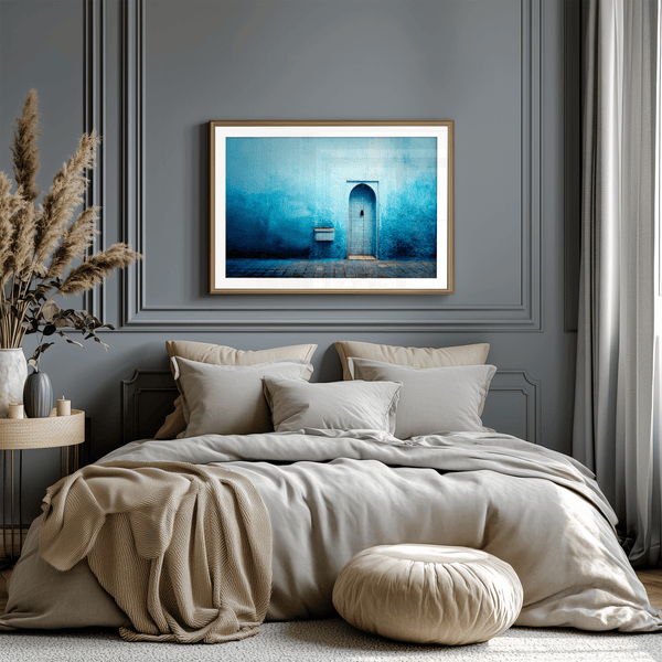 Framed fine art print of a Moroccan blue doorway. Minimalist travel-inspired wall art full of calm, texture, and timeless charm.